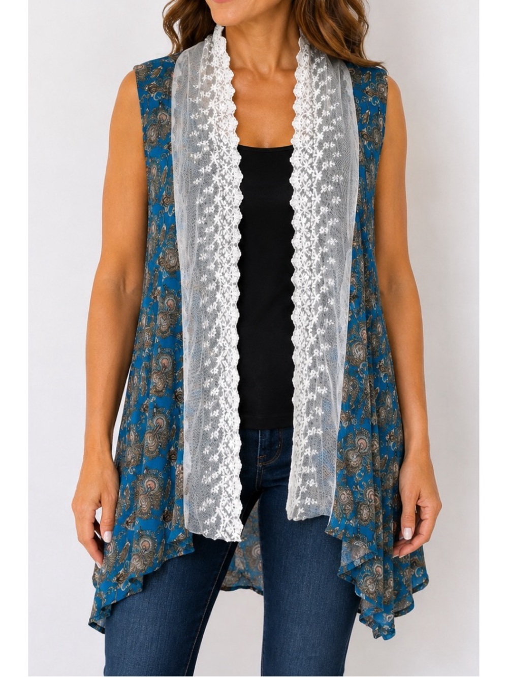 Southern Grace sleeveless open-front duster shawl featuring a rich blue paisley